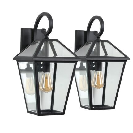 2 Pack Outdoor Wall Sconce – Black Porch Lantern Waterproof Lighting Fixture with Clear Glass