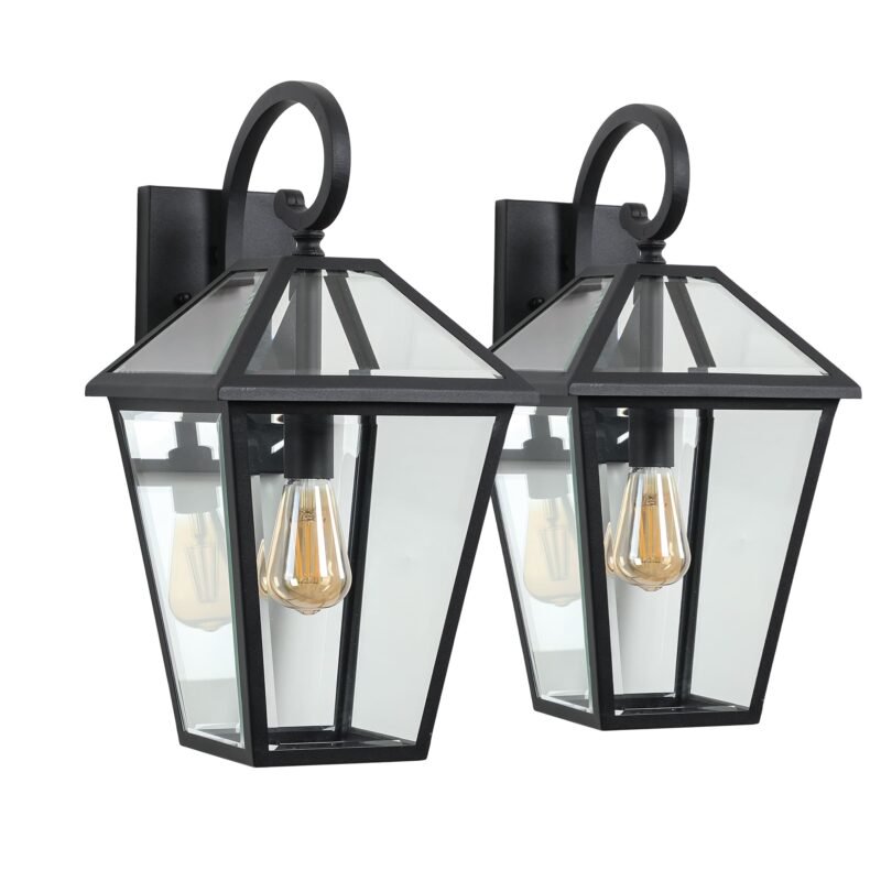 2 Pack Outdoor Wall Sconce – Black Porch Lantern Waterproof Lighting Fixture with Clear Glass