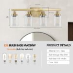 4 Light Gold Vanity Light with Clear Glass Shades, E26 Bulb Compatible Bathroom Fixture - Image 6