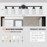 6-Light Vanity Light – Modern Black Bathroom Wall Fixture with Frosted Glass Shades - Image 7