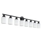 8-Light Vanity Wall Light – Matte Black Bathroom Fixture with Frosted Glass Shades