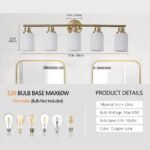Bathroom Vanity Light – 5-Light Brushed Gold Wall Sconce with Frosted Glass Shades - Image 7