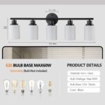 Black 5-Light Vanity Light Fixture with Milky White Glass Shades for Bathroom Mirror - Image 6